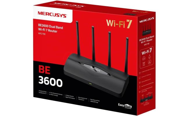 MERCUSYS MR27BE BE3600Mbps Dual Band WiFi 7 Router, 2x 2.5 Gbps Ports, 4K-QAM And MLO, WiFi Router with 4x High Gain Antennas for Maximized Coverage, 160 MHz, EasyMesh-Compatible