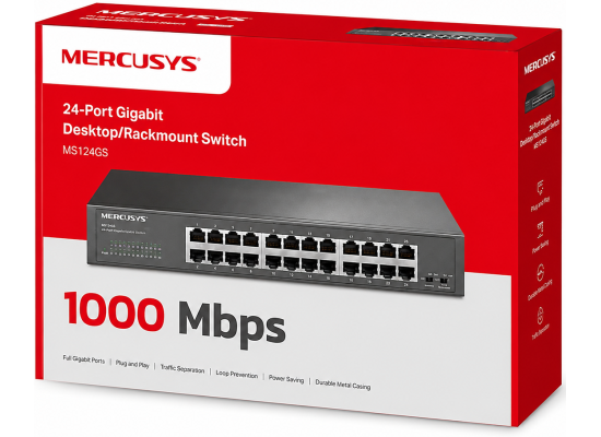 Mercusys MS124GS 24-Port Gigabit Desktop Rackmount Switch, 24x Gigabit RJ45 Ports, 48Gbps Switching Capacity, Isolation Mode, Loop Prevention, 802.1p QoS, Plug & Play, Metal Case