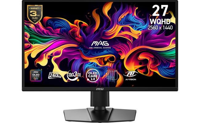 MSI MAG 272QP QD-OLED X24 27" WQHD 2K Gaming Monitor, Quantum Dot OLED Panel, 240Hz, 0.03ms, Adaptive-Sync, HDMI2.1, DP 1.4a, USB‑C 15W PD , Tilt/Height Adjustable, Black