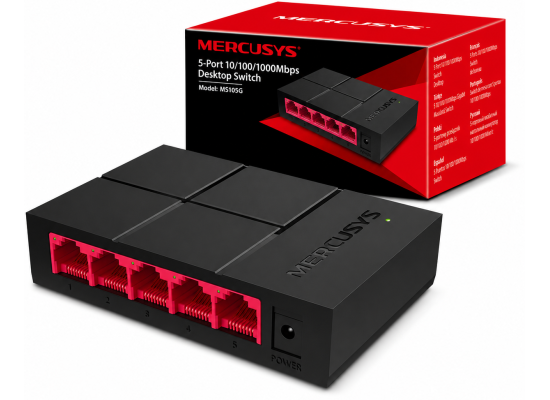 MERCUSYS MS105G 5-Port Gigabit Desktop Switch Plug and Play, Power Saving, Black