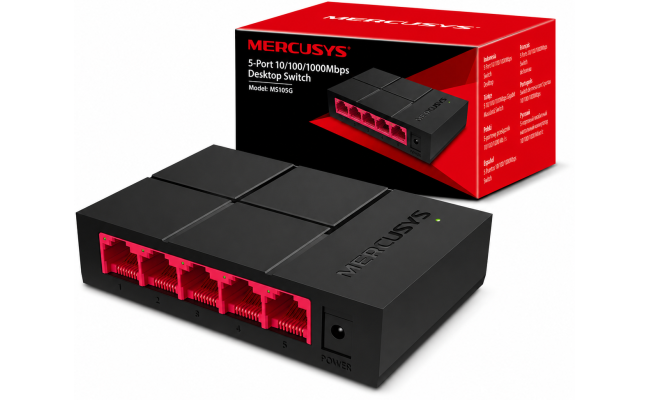 MERCUSYS MS105G 5-Port Gigabit Desktop Switch Plug and Play, Power Saving, Black