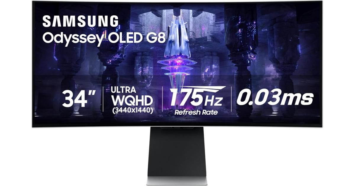 سامسونج Odyssey G8 G855D Odyssey G8 Smart 34 بوصة OLED 3K UWQHD ، 175 هرتز ، 0.03 مللي ثانية (GtG) ، تقنية AMD FreeSync Premium Pro & G-Sync ، فضي
