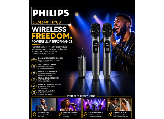 PHILIPS Wireless Microphone For Karaoke (Dual Microphones) Range up to 30 meters Up to 12 hours