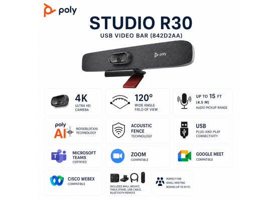 Poly Studio R30 4K USB Video Bar for Small Meeting Rooms – 842D2AA#ABA product thumbnail 2