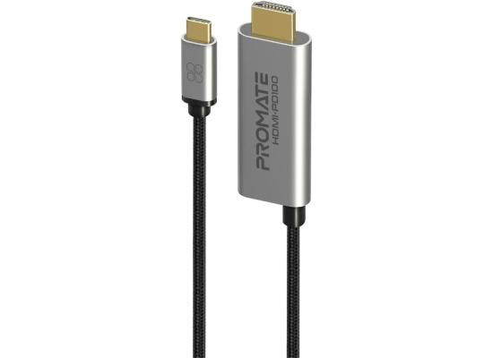 Promate HDMI-PD100 USB-C to HDMI Cable, Ultra HD 4k 60hz Type-C(Thunderbolt-3) to HDMI Adapter with 100W USB-CPower Delivery Port, Long Lifespan, 180cm Cord for MacBook Pro, iPad Air, Galaxy S25