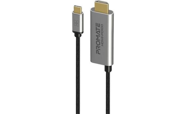 Promate HDMI-PD100 USB-C to HDMI Cable, Ultra HD 4k 60hz Type-C(Thunderbolt-3) to HDMI Adapter with 100W USB-CPower Delivery Port, Long Lifespan, 180cm Cord for MacBook Pro, iPad Air, Galaxy S25