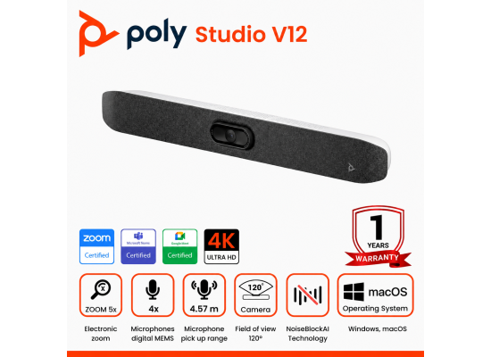 Poly Studio V12 – USB Video Bar for Small Rooms - 4K 20MP Camera, AI-Enhanced Audio, Noise Cancellation, Poly Lens Management - Microsoft Teams, Zoom & Google Meet Compatible - Thoughtfully Made