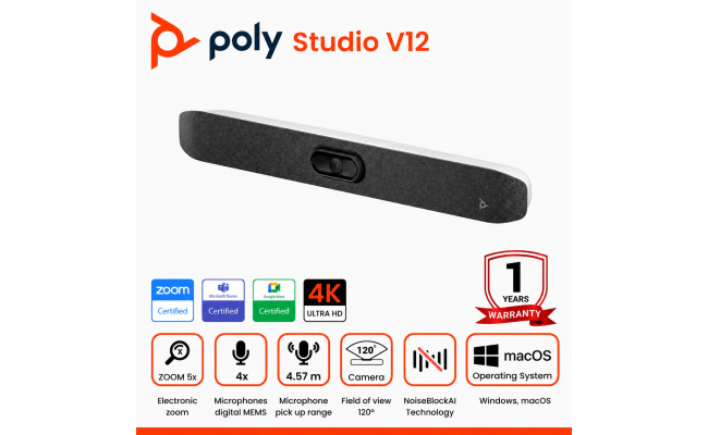Poly Studio V12 – USB Video Bar for Small Rooms - 4K 20MP Camera, AI-Enhanced Audio, Noise Cancellation, Poly Lens Management - Microsoft Teams, Zoom & Google Meet Compatible - Thoughtfully Made