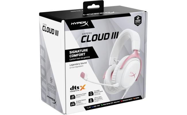 HyperX Cloud III Wired Angled 53mm Drivers DTS Memory Foam Durable Frame Ultra-Clear 10mm Mic USB-C & USB-A 3.5mm For PC, PS5, Xbox Series X|S - Pink