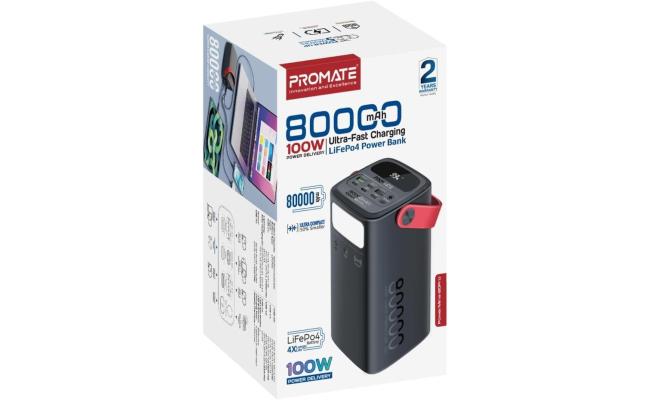 Promate PowerMine-80 Pro 80000mAh High-Capacity Battery Charger 100W USB-C PD Fast Charging, 4 Outputs, 3 Inputs, Solar DC, Lightning, Digital Display, LED Light