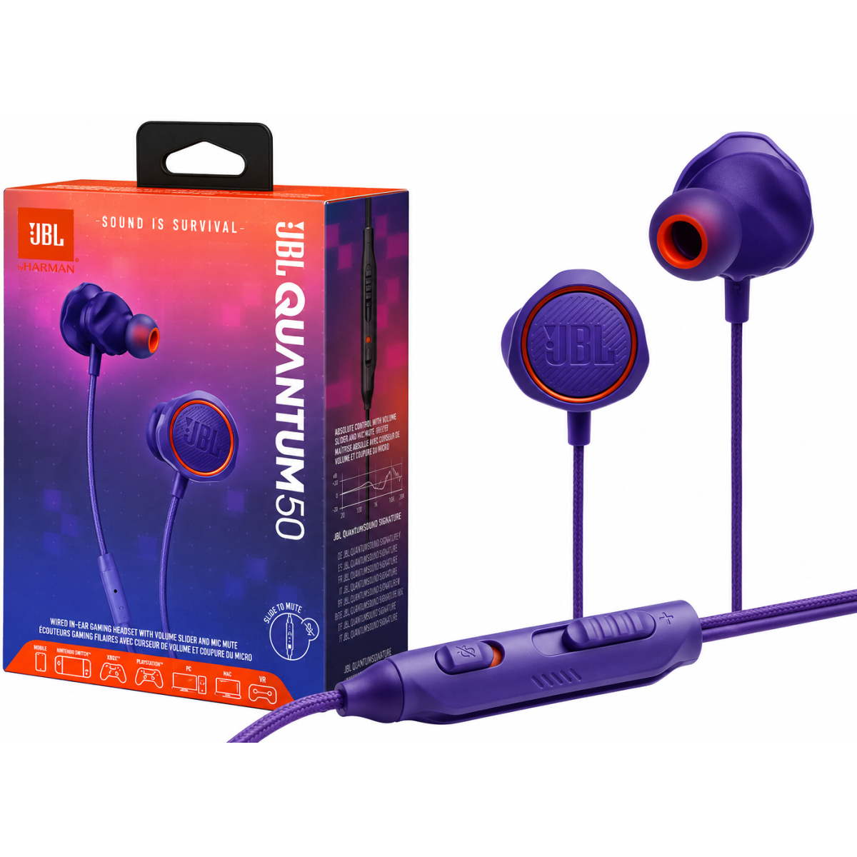 JBL Quantum 50 Wired In-Ear w/ Volume Slider, Mic Mute, Inline Voice-Focus Mic, Realistic Soundstage, Twistlock Technology, Ultra-Soft Silicon, PC and Consoles Compatible - Purple