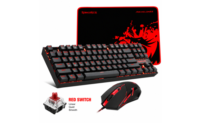 Redragon - K552-BA Mechanical Keyboard & Mouse & Large Mouse Pad Combo - 87 Key LED Backlit Adjustable Brightness and Breathing Effects - 100% Anti-Ghosting (Keyboard, Mouse, Mousepad Set) - Red Switch