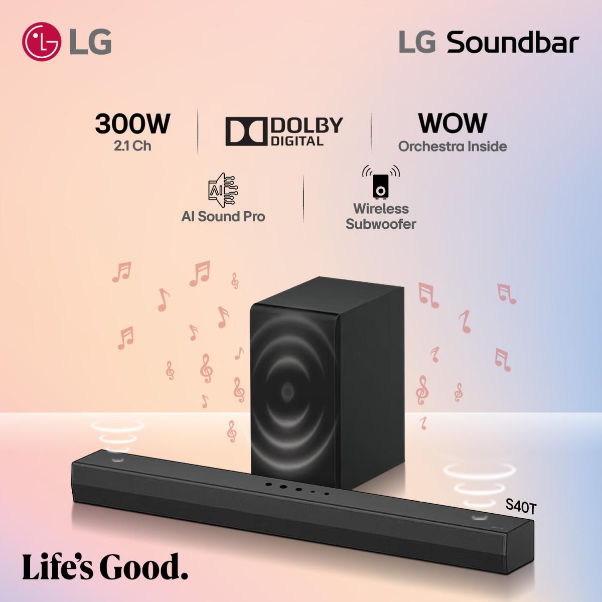 LG S40T 2.1 Channel 300W Soundbar with Wireless Subwoofer - Mirror Black
