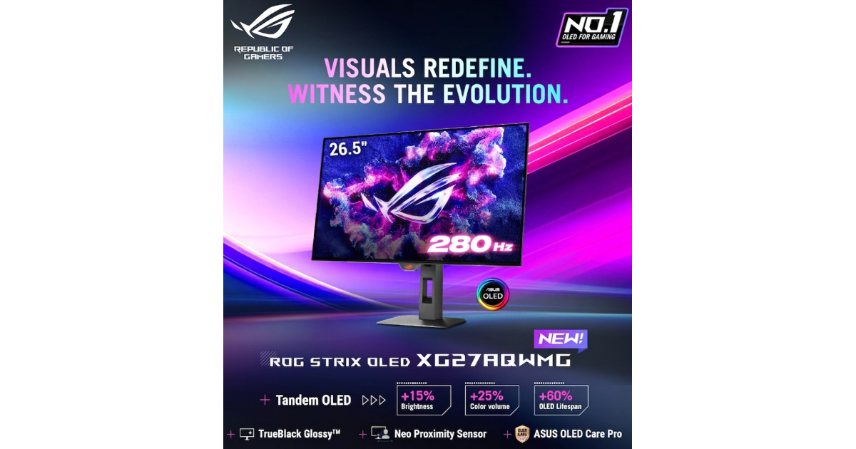 ASUS ROG Strix XG27AQWMG شاشة 27 بوصة TrueBlack Glossy™ Tandem OLED 2K QHD 280 هرتز 0.03 مللي ثانية DisplayHDR™ 500 مستشعر القرب Adaptive-Sync HDMI 2.1، أسود
