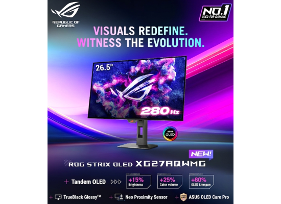 ASUS ROG Strix XG27AQWMG 27” TrueBlack Glossy™ Tandem OLED 2K QHD 280Hz 0.03ms DisplayHDR™ 500 Proximity Sensor Adaptive-Sync HDMI 2.1, Black