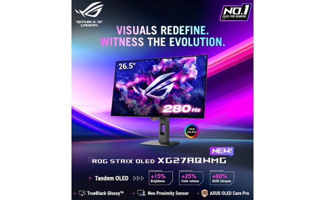 ASUS ROG Strix XG27AQWMG 27” TrueBlack Glossy™ Tandem OLED 2K QHD 280Hz 0.03ms DisplayHDR™ 500 Proximity Sensor Adaptive-Sync HDMI 2.1, Black