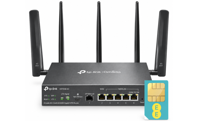TP-Link Omada ER706WP-4G AX3000 Wi-Fi 6 4G+ Cat6 Gigabit VPN Gateway with 4-Port PoE+ TP-Link Omada ER706WP-4G AX3000 Wi-Fi 6 4G+ Cat6 Gigabit VPN Gateway with 4-Port PoE+