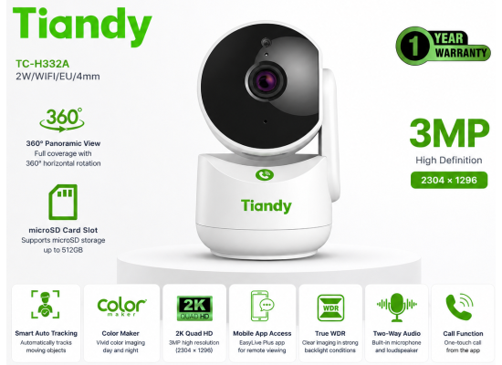 Tiandy TC-H332A 9DA-4 3MP Wi-Fi PT Indoor Security Camera with Auto Tracking product thumbnail 2