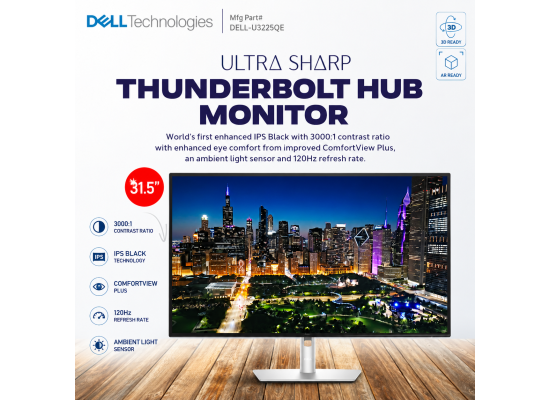 Dell UltraSharp 32 U3225QE Thunderbolt 4 Hub Monitor, 32" IPS Display, 4K UHD Resolution, 120Hz Refresh Rate, 5ms (GtG Fast) Response Time, Adjustable Stand, 1.07b Color Display | U3225QE product thumbnail 2