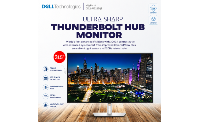 Dell UltraSharp 32 U3225QE Thunderbolt 4 Hub Monitor, 32" IPS Display, 4K UHD Resolution, 120Hz Refresh Rate, 5ms (GtG Fast) Response Time, Adjustable Stand, 1.07b Color Display | U3225QE