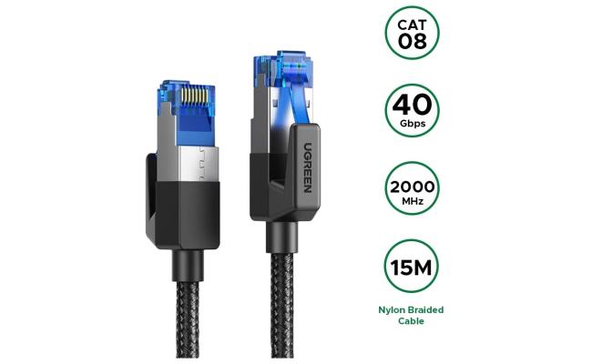 UGREEN Cat 8 Braided Ethernet Cable Modular RJ45 Ethernet 15M Cable Plugs - Black UGREEN Cat 8 Braided Ethernet Cable Modular RJ45 Ethernet 15M Cable Plugs - Black
