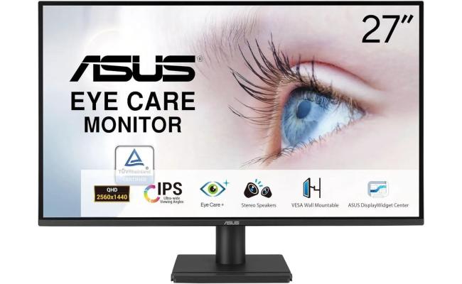 ASUS VA27AQ 27” IPS 2K QHD Eye Care Monitor 75Hz 1ms HDR 10 Low Blue Light, Flicker Free w/ Display Port , HDMI , VGA & Speakers