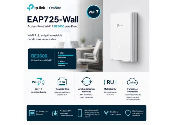 TP-Link Omada EAP725-Wall BE3600 Wall Plate Wi-Fi 7 Access Point, Dual-Band AXE Performance, 2.5G PoE Passthrough, Seamless Roaming, and Centralized Cloud Management, White
