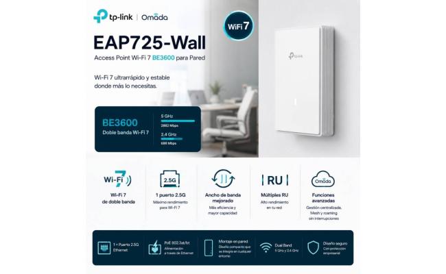 TP-Link Omada EAP725-Wall BE3600 Wall Plate Wi-Fi 7 Access Point, Dual-Band AXE Performance, 2.5G PoE Passthrough, Seamless Roaming, and Centralized Cloud Management, White