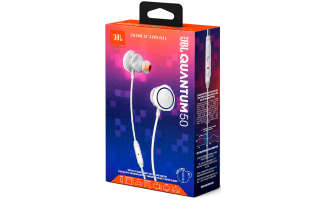 JBL Quantum 50 Wired In-Ear w/ Volume Slider, Mic Mute, Inline Voice-Focus Mic, Realistic Soundstage, Twistlock Technology, Ultra-Soft Silicon, PC and Consoles Compatible - White