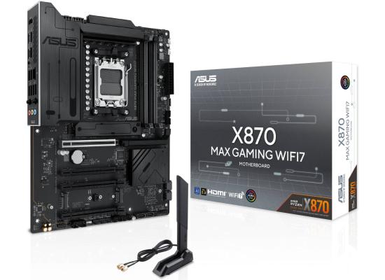 ASUS X870 MAX GAMING WIFI7 W AM5 ATX Motherboard, AMD X870 Chipset, 4x DDR5 DIMM Slots, Up to 256GB Max Memory, 1x PCIe 5.0 x16, 3x M.2 Slots, Wi-Fi 7 & Bluetooth v5.4, Black
