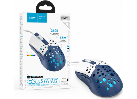 HOCO GM51 Sky Gaming Wired Mouse 3600 DPI 6-Button White/Blue