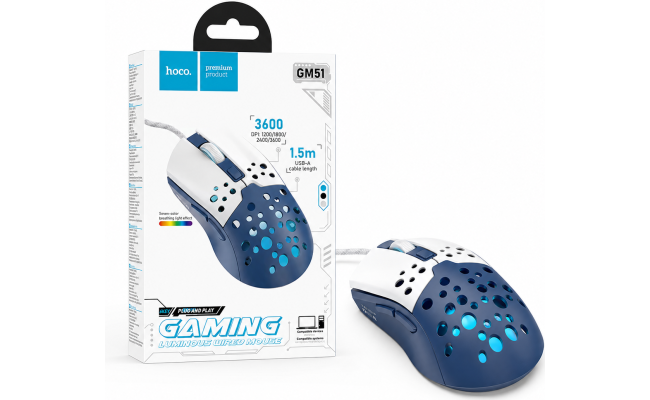 HOCO GM51 Sky Gaming Wired Mouse 3600 DPI 6-Button White/Blue