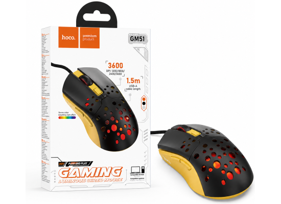 HOCO GM51 Sky Gaming Wired Mouse 3600 DPI 6-Button Black/Yellow