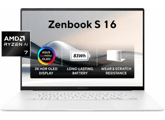ASUS Zenbook S 16 UM5606GA-SR137W AI Laptop | AMD Ryzen AI 7 445 | 32GB LPDDR5X | 1TB SSD | 16" 3K OLED Touch 120Hz | Windows 11 Home | Scandinavian White