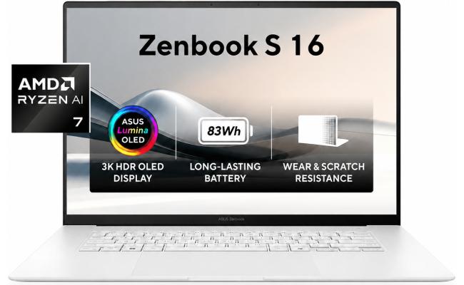 ASUS Zenbook S 16 UM5606GA-SR137W AI Laptop | AMD Ryzen AI 7 445 | 32GB LPDDR5X | 1TB SSD | 16" 3K OLED Touch 120Hz | Windows 11 Home | Scandinavian White