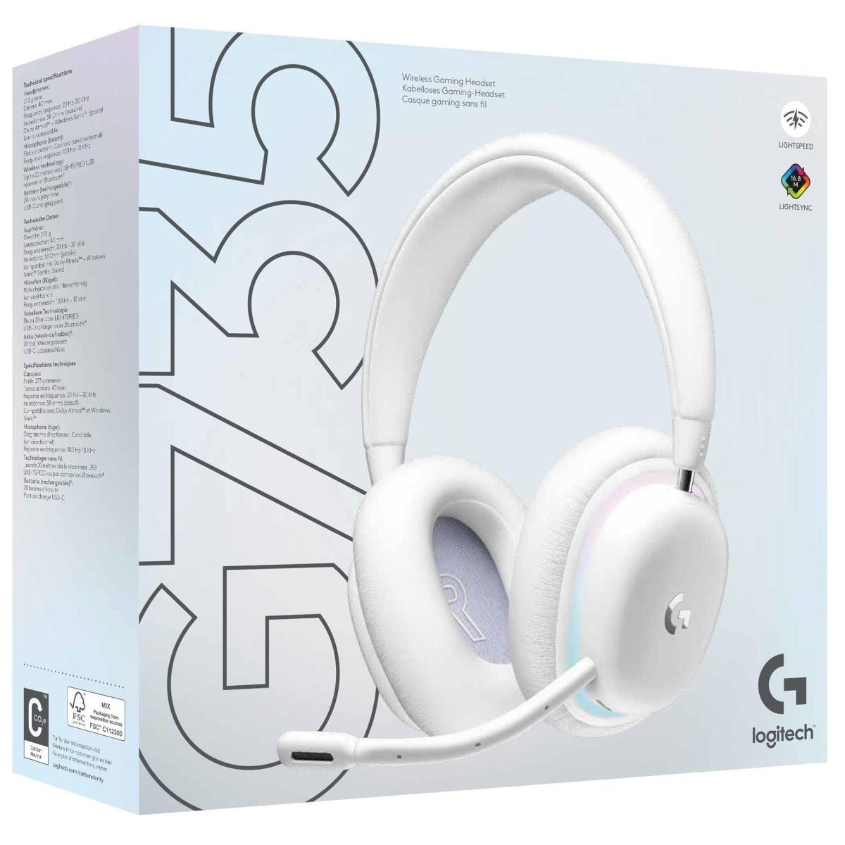 Logitech G735 Wireless Gaming Headset, 40mm Audio Drivers, 16 Hours Gaming Battery, 20 Meters Range, USB-C Charging Port, 38 Ohms Impedance, Dolby Atmos+ Windows Sonic, White