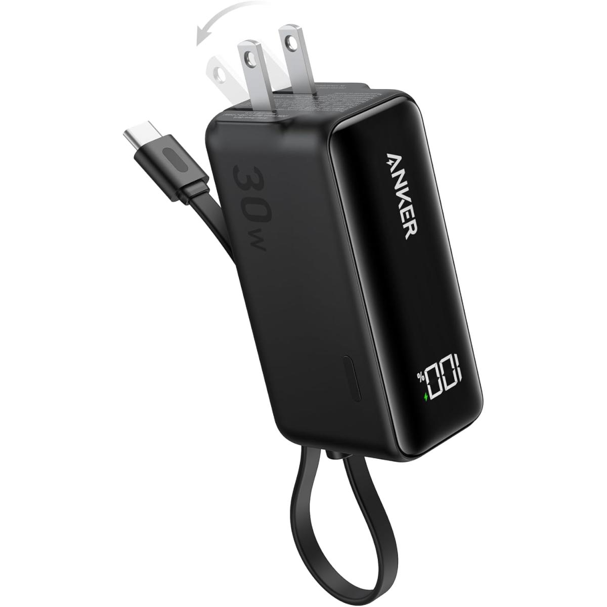 Anker Power Bank USB C Charger Block, 3-in-1 5,000mAh Portable Charger with Built-in USB-C Cable and Foldable AC Plug, 30W Max Compact Battery Pack, for iPhone 15 Series, Galaxy, MacBook, and More - Black