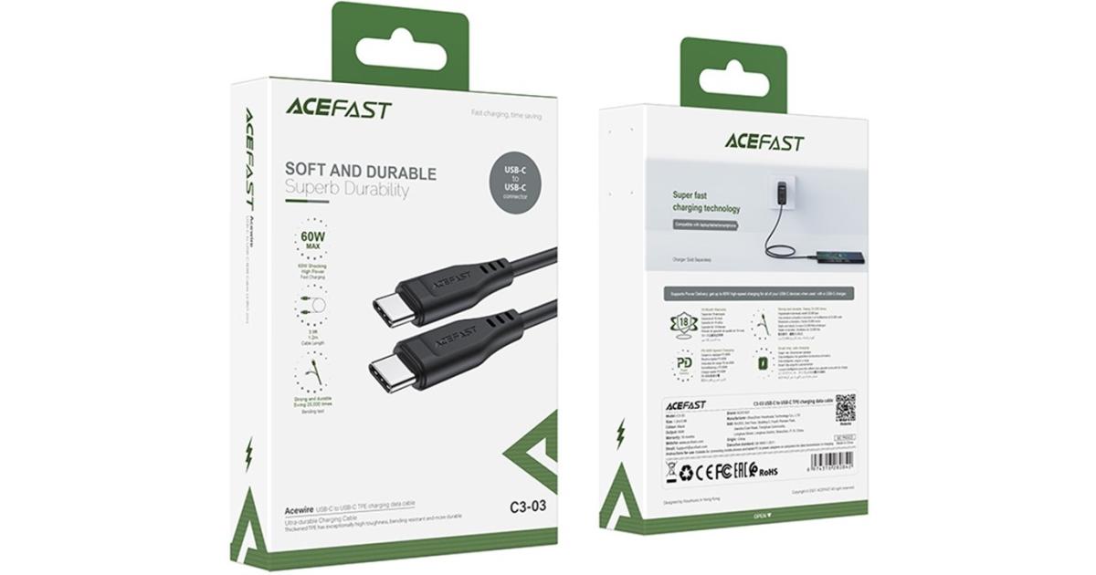 ACEFAST C3-03 لسلسلة iPhone 15 60W كابل بيانات شحن عالي الطاقة USB-C إلى USB-C TPE بطول 1.2 متر - أسود
