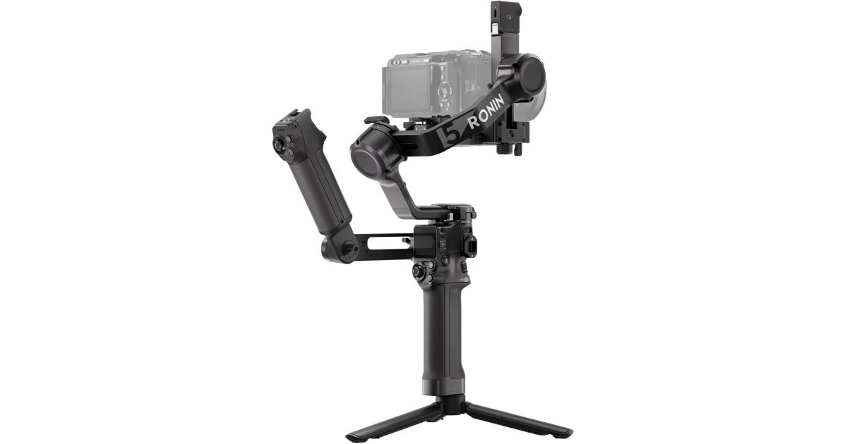 مجموعة أدوات جيمبال كومبو DJI RS 5، أقفال المحور الآلي من الجيل الثاني، شاشة لمس OLED مع قفل تلقائي، مؤشر عمودي على شكل حرف Z، وحدة تتبع الذكاء الاصطناعي، مقبض حقيبة، أسود