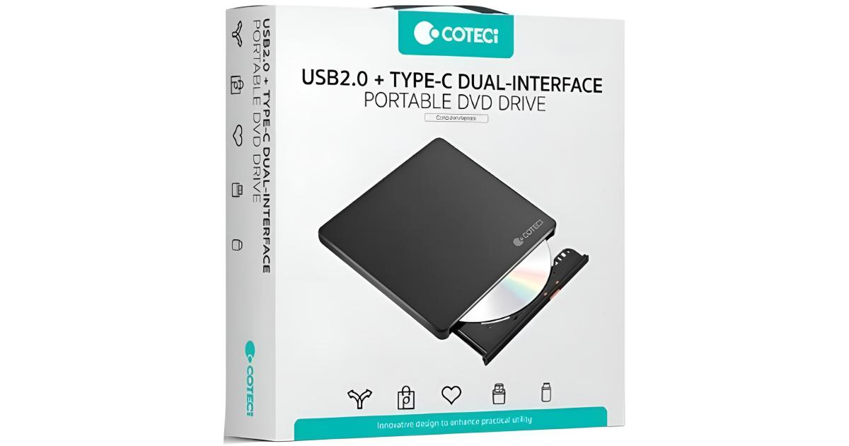 محرك الأقراص الضوئية COTECi USB 2.0 + Type-C ثنائي الواجهة لحرق أقراص DVD المحمولة - أسود