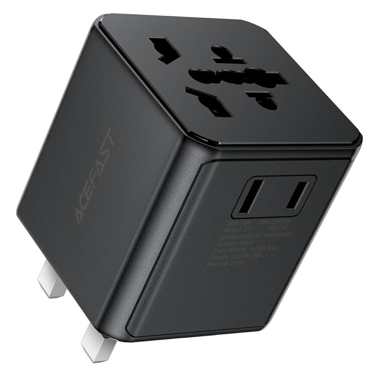 ACEFAST Z11 Global Travel AC Adapter 2500W Socket 2 USB Ports EU UK US AU Plug Converter for Travel - Black