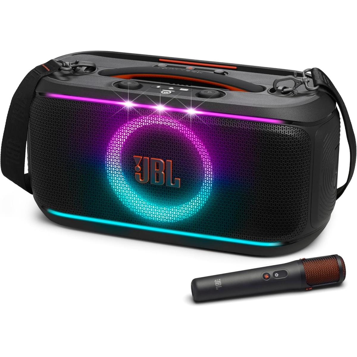 JBL PartyBox On-The-Go 2 - Portable Party Speaker with one Wireless Digital mic, Handle and a Shoulder Strap, Dynamic lightshow, Up to 15 Hours Playtime, Splash Proof & Auracast™ (Black)