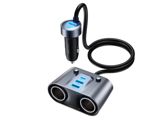 ACEFAST B22 152W 2-in-1 Car Charger Hub with 2USB-C + 3USB-A + Dual Cigarette Lighter Sockets - Metal Grey