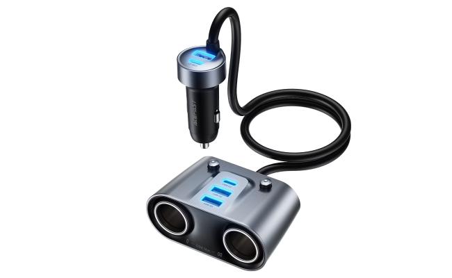 ACEFAST B22 152W 2-in-1 Car Charger Hub with 2USB-C + 3USB-A + Dual Cigarette Lighter Sockets - Metal Grey