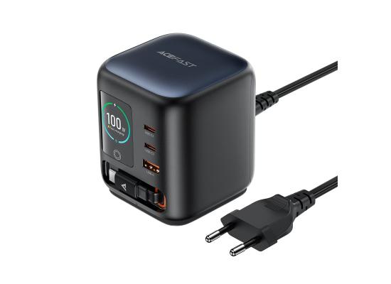ACEFAST Z10 100W GaN Desktop Power Station with Retractable USB-C Cable & TFT Display - EU, Black