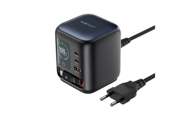 ACEFAST Z10 100W GaN Desktop Power Station with Retractable USB-C Cable & TFT Display - EU, Black