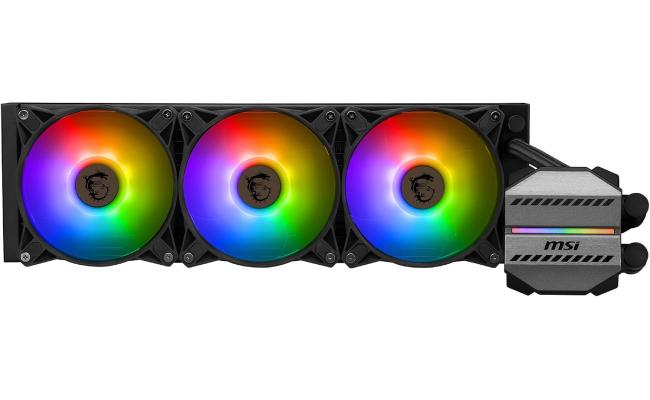 MSI MAG CORELIQUID M360 AIO Liquid Cooler, 360mm Radiator, 78.73 CFM, 2000 RPM Fan Speed, 3 x ARGB 120mm Fans, Two Ball Bearing, Elevated Cooper Plate, Reinforced Tubing, Black
