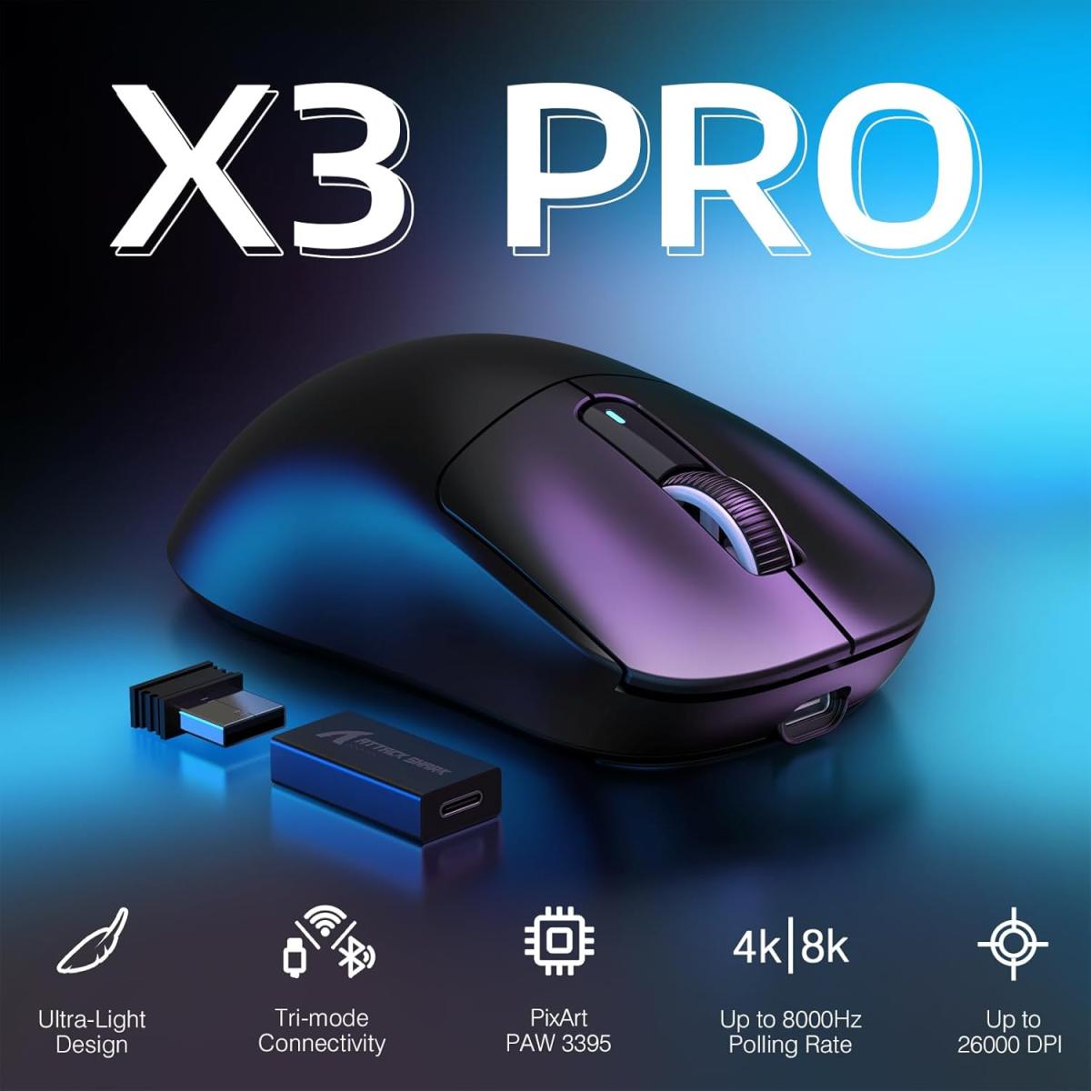 ATTACK SHARK X3 PRO Tri-Mode 8K Wireless Gaming Mouse Black ATTACK SHARK X3 PRO Tri-Mode 8K Wireless Gaming Mouse Black