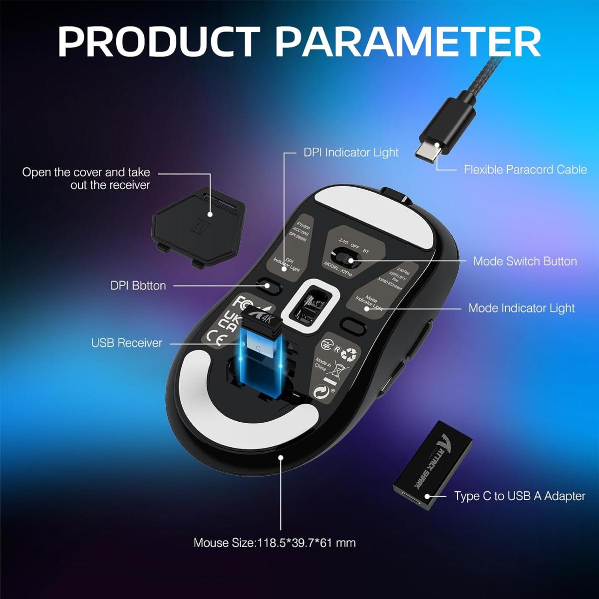 ATTACK SHARK X3 PRO Tri-Mode 8K Wireless Gaming Mouse Black ATTACK SHARK X3 PRO Tri-Mode 8K Wireless Gaming Mouse Black
