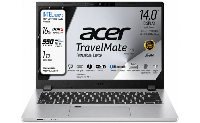 Acer TravelMate P2 14 (2025) Intel® Ultra 5 Gen II 225U 12-Cores Secure, Durable & High-Performance AI Business Laptop w/ TravelMateSense & Fast Charging - Silver